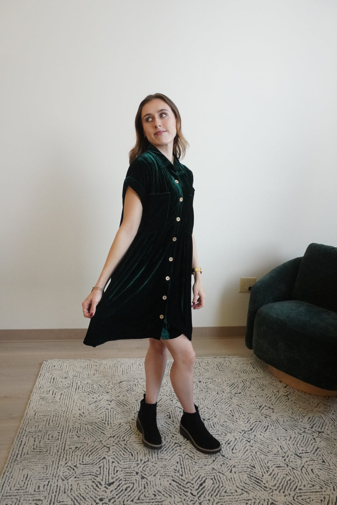 Emerald Velvet Button-Down Babydoll Dress