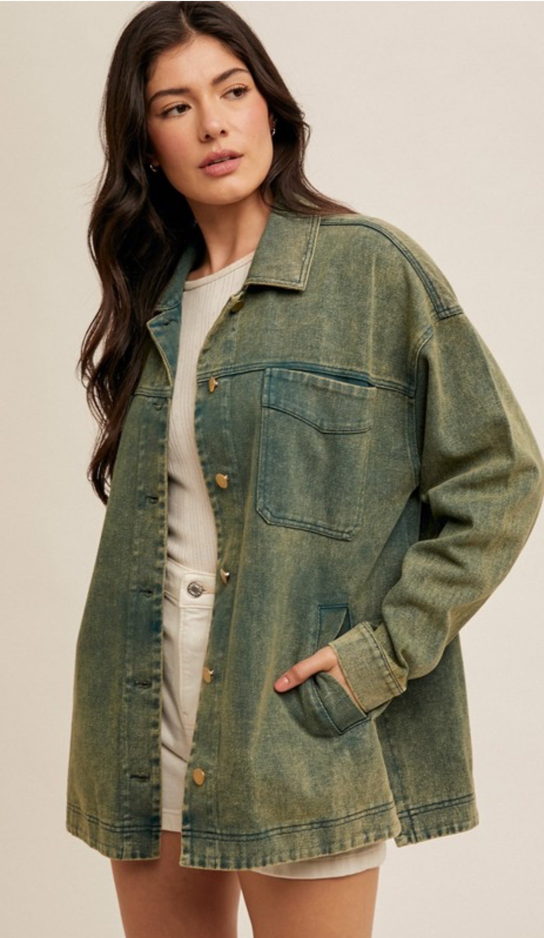 Distressed Twill Oversized Jacket With Side Slit