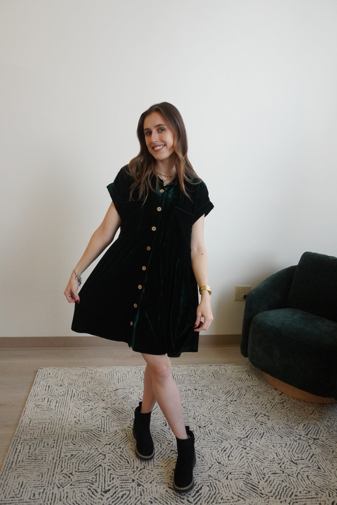 Emerald Velvet Button-Down Babydoll Dress