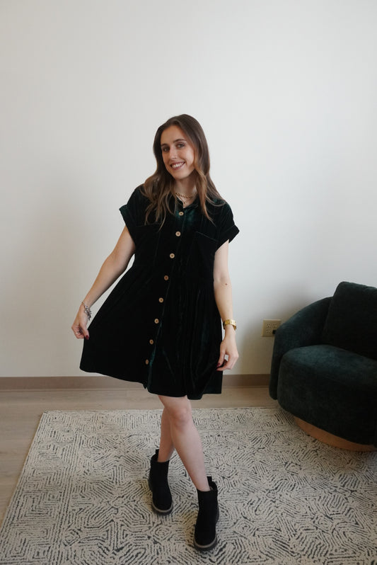 Emerald Velvet Button-Down Babydoll Dress