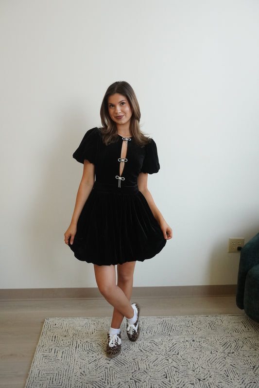 Velvet Puff-Sleeve Bow Bubble Hem Mini Dress