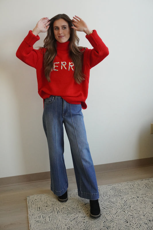 Red Chunky Knit “MERRY” Turtleneck Sweater