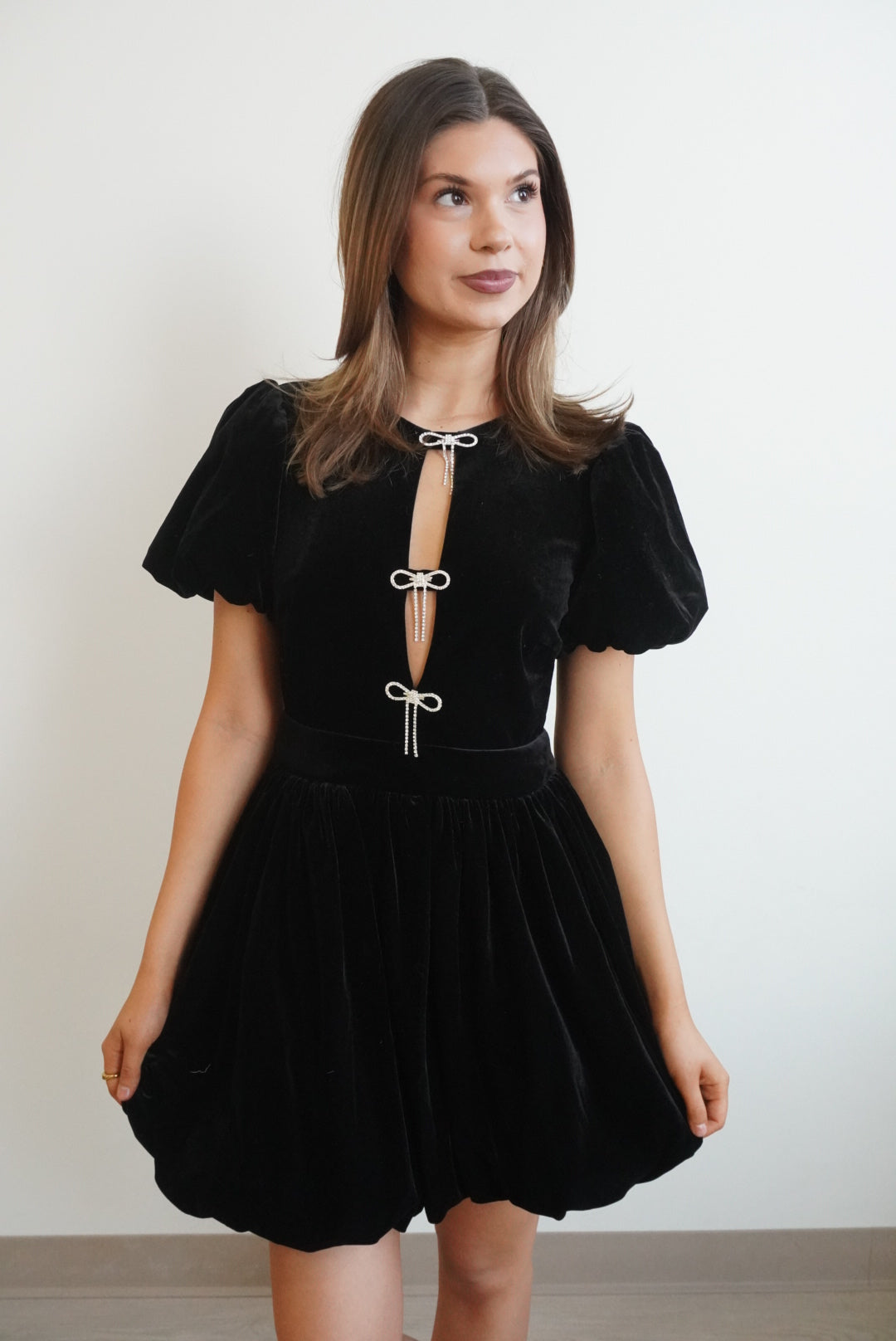 Velvet Puff-Sleeve Bow Bubble Hem Mini Dress
