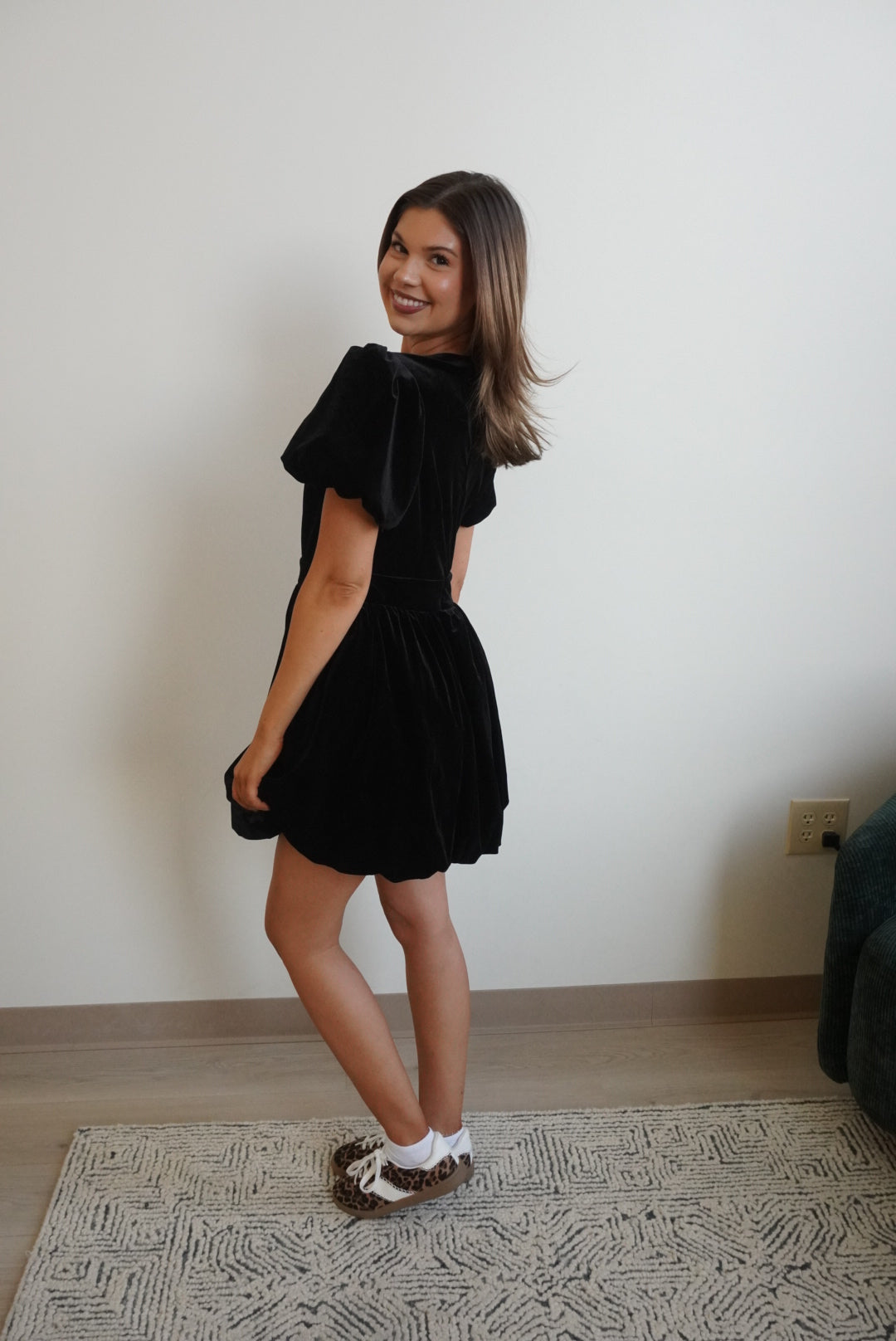 Velvet Puff-Sleeve Bow Bubble Hem Mini Dress