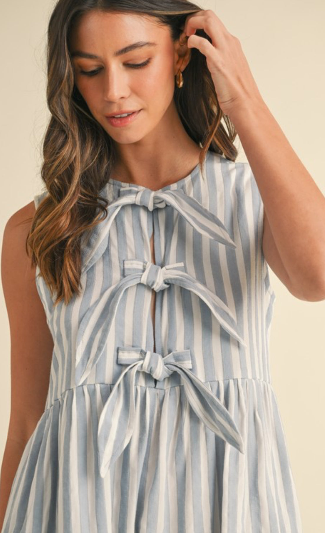 Vertical Striped Front Bow Detail Mini Dress
