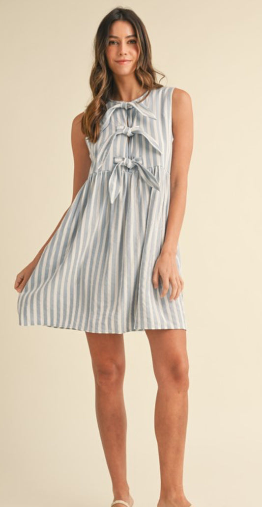 Vertical Striped Front Bow Detail Mini Dress