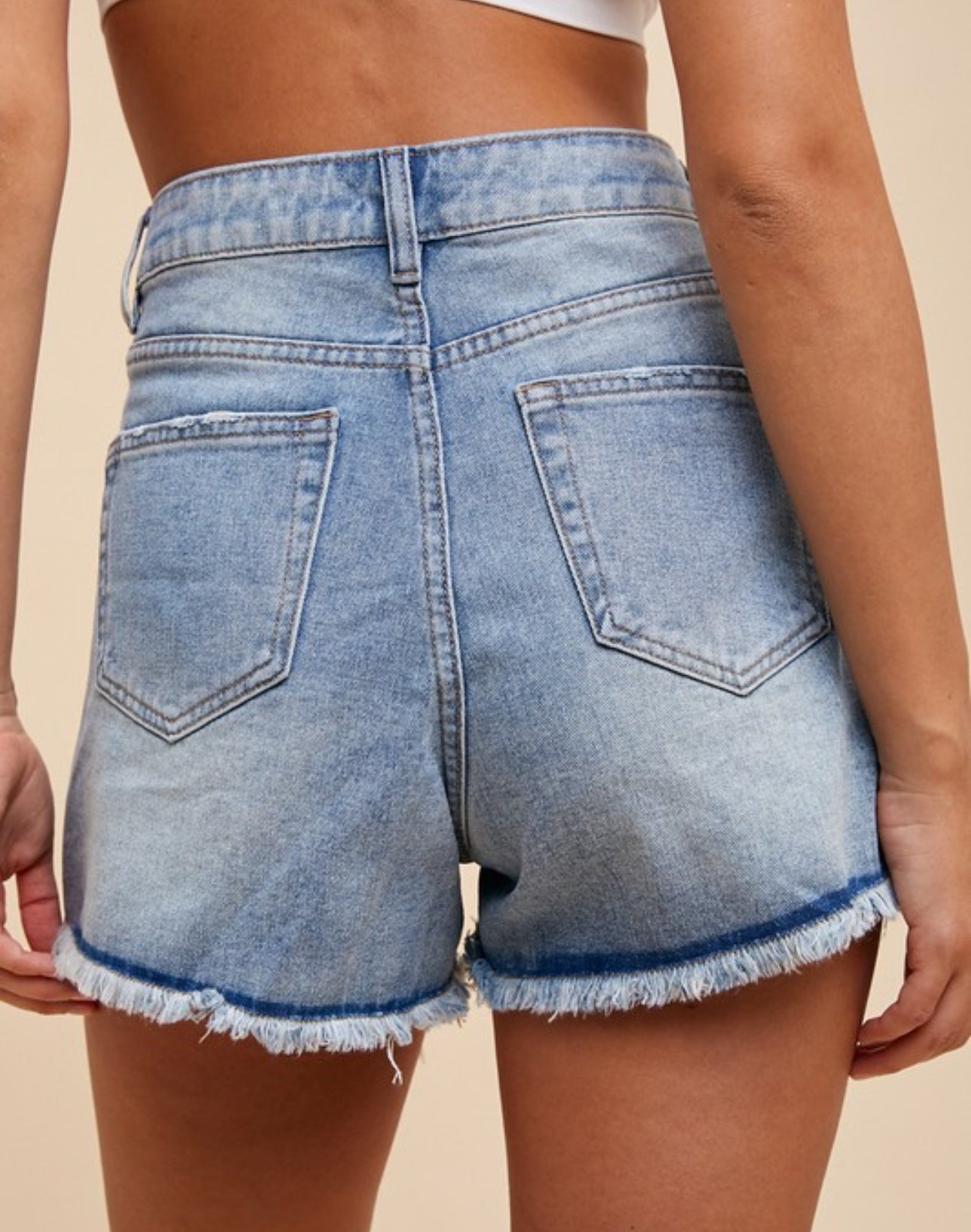 High Rise Distressed Rigid Denim Shorts