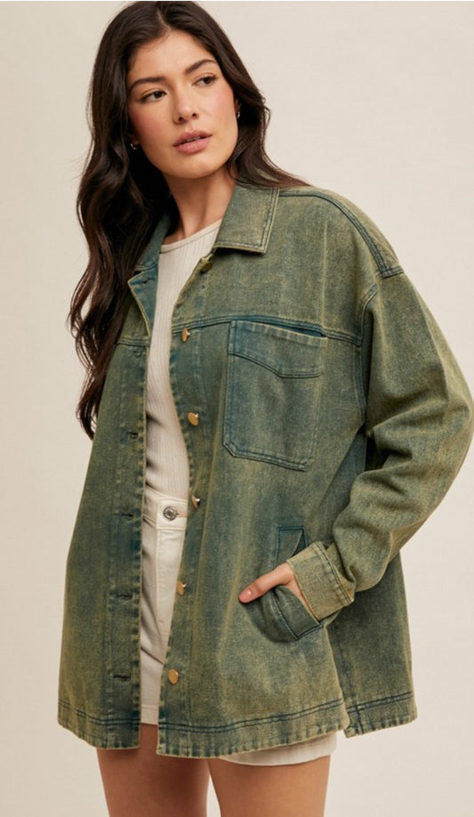 Distressed Twill Oversized Jacket With Side Slit
