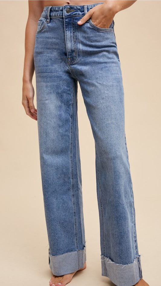 90s Stretch Cuffed Hem High Rise Straight Jeans