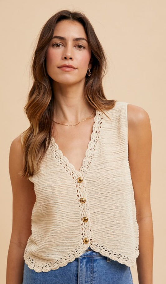 Crochet Trimmed Button Down Sweater Vest