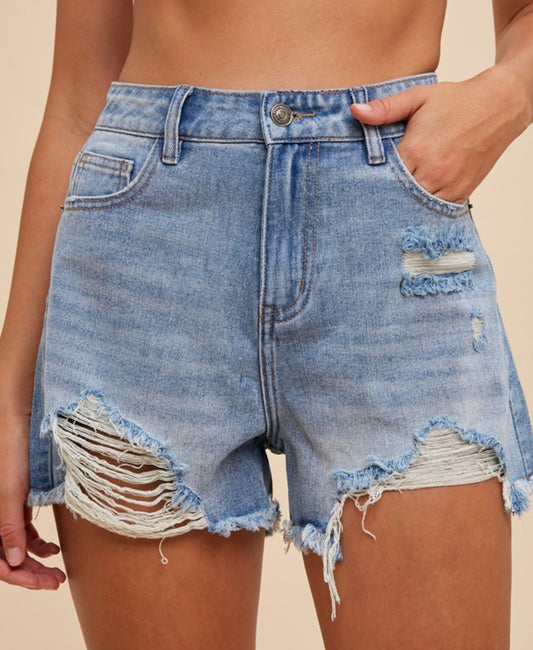 High Rise Distressed Rigid Denim Shorts