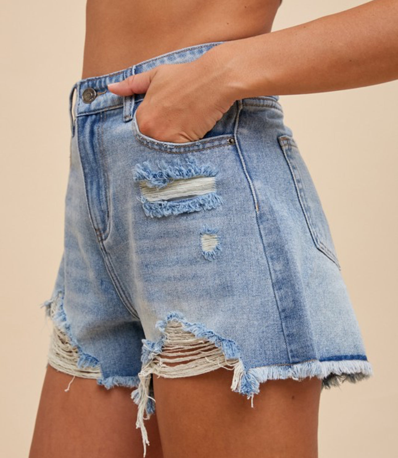 High Rise Distressed Rigid Denim Shorts