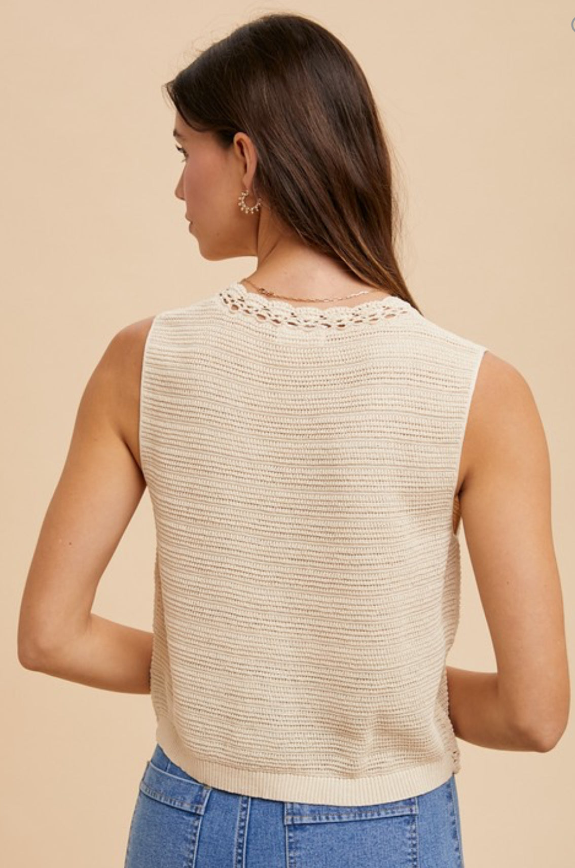 Crochet Trimmed Button Down Sweater Vest