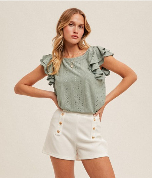Knit Eyelet Flutter Sleeve Top